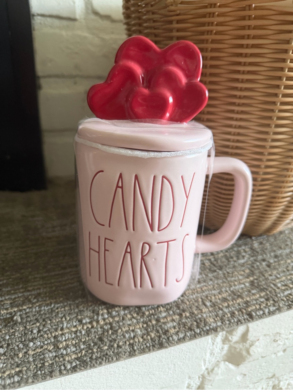 Rae Dunn Pink 'Candy Hearts' Mug with Red Heart Lid